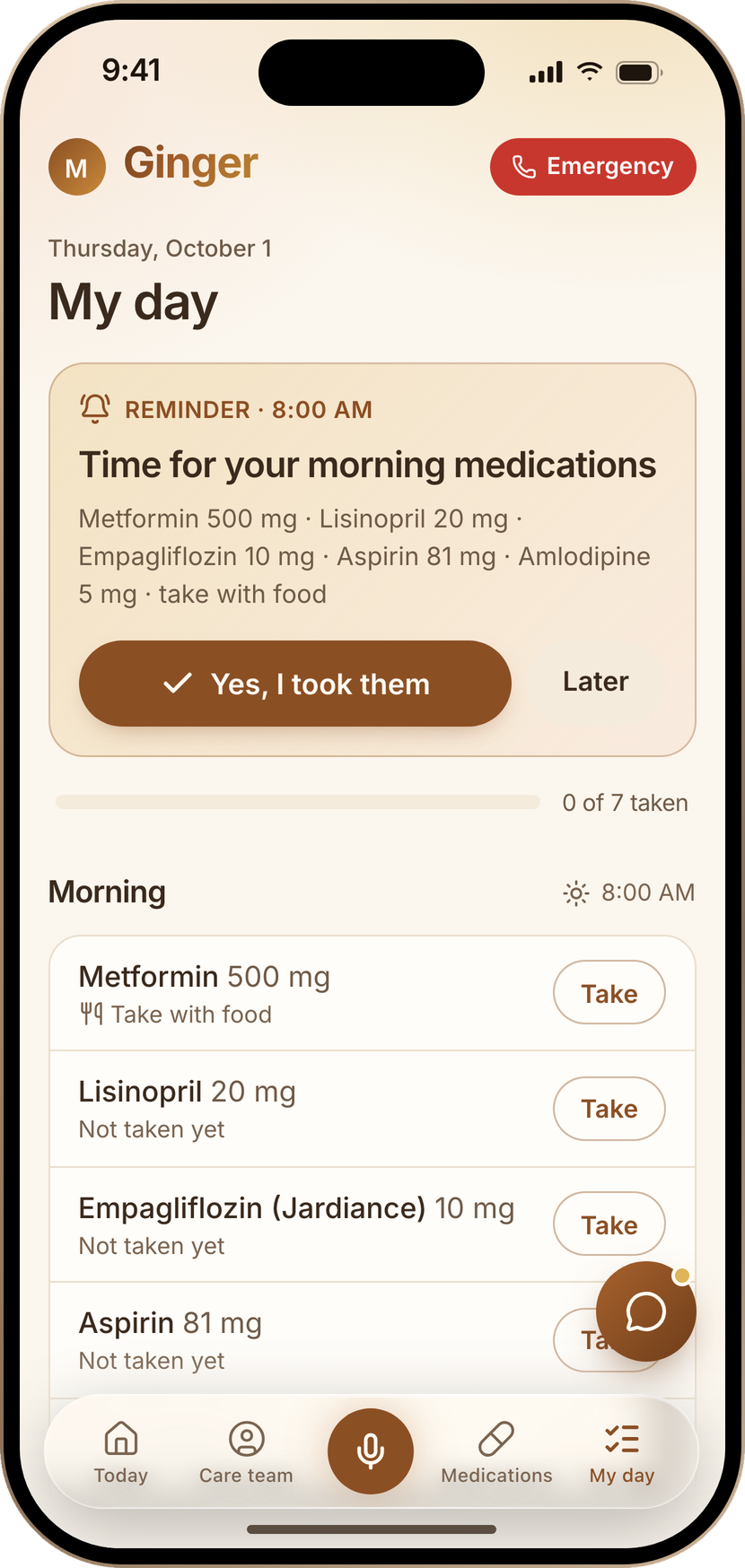 Ginger's My day screen on an iPhone: a medication reminder and a checklist of doses